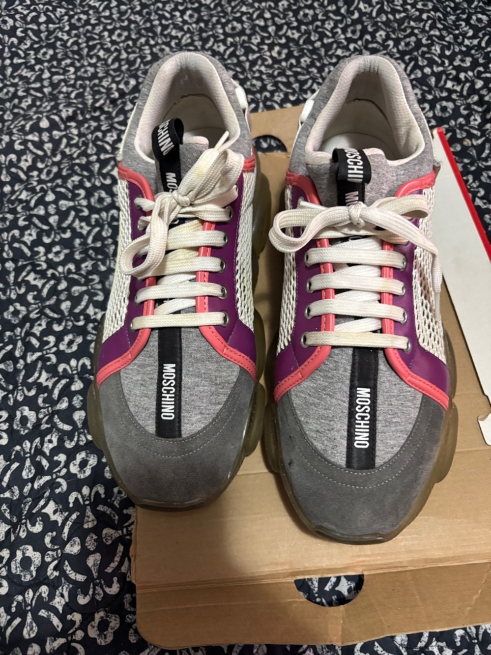 Moschino White Mesh Sneakers with Pink & Purple Accents